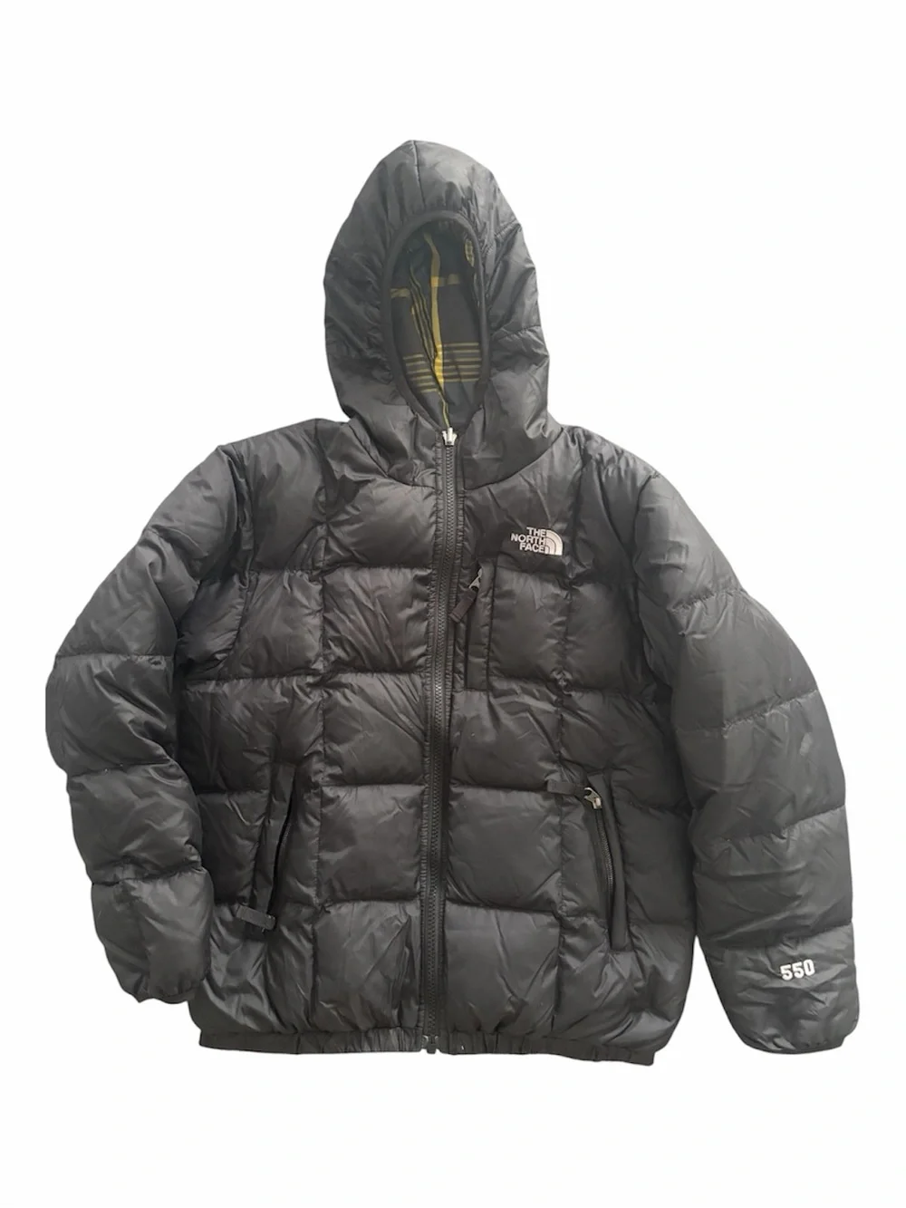 The North Face Kids Reversible Black/Plaid Hooded 550 Quilted Goose Down Jacket